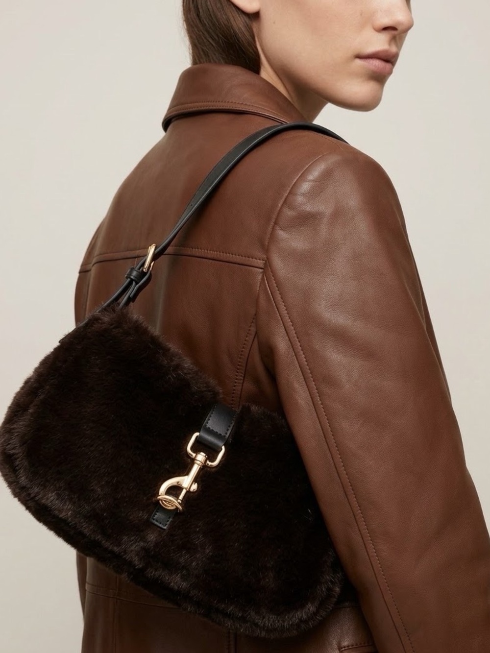 H&M Dark Brown Faux Fur Shoulder Bag - Picture 2 of 7